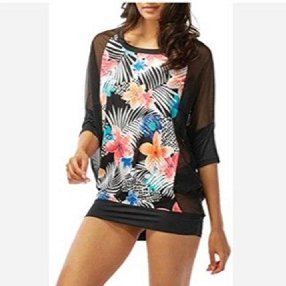 Coco Reef Floral Mesh Tunic Swimsuit Cover up S/M New